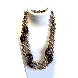 Vintage Japan Cultured Pearl Necklace With Glass Lampwork Beads 16" Elegant Jewe